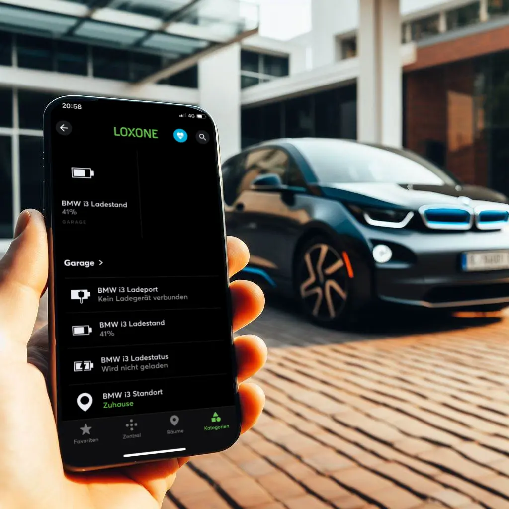 A Smartphone with the Loxone app open and a BMW car in the Background. To show the BMW Loxone integration
