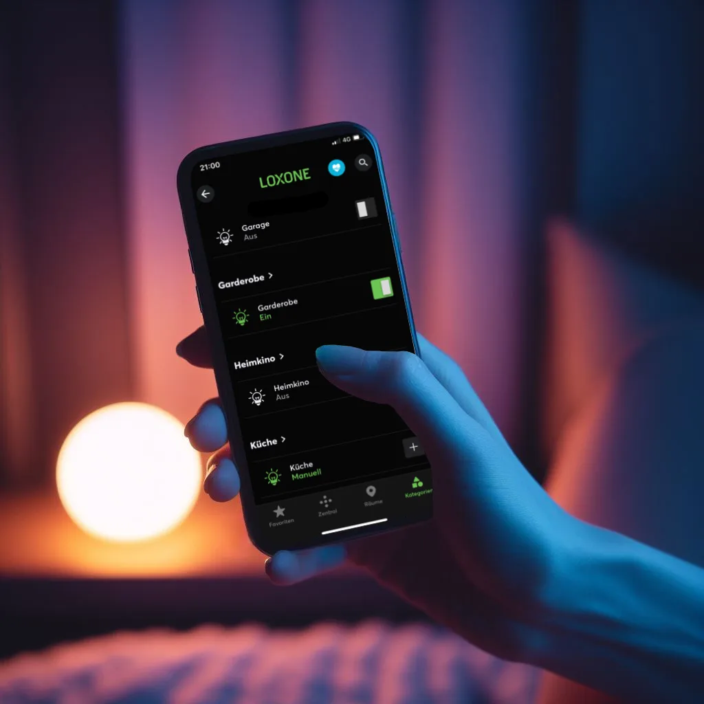 A smartphone with the Loxone app open to show the Hue accessory integration in Loxone